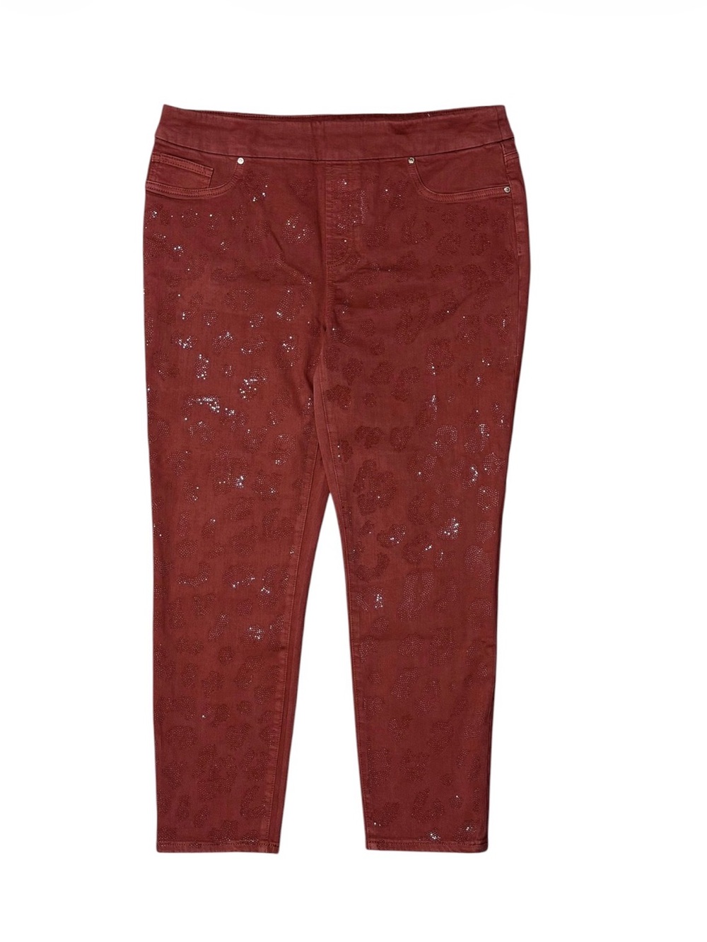 NWOT Chicos Jegging Ankle Pants Orange Red Rhinestone Leopard Women 14R